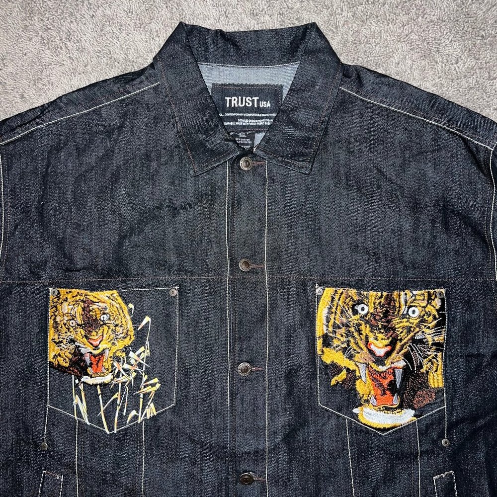 Trust Sports USA Jean Denim Jacket Flap Pockets Dark Wash Tiger Western 2XL XXL